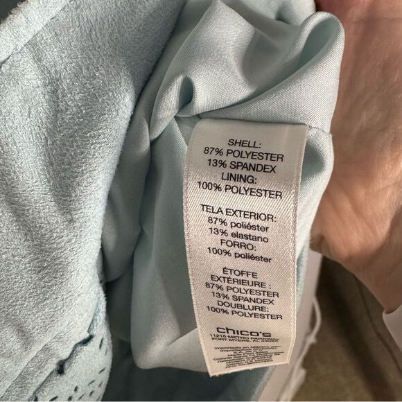 Chicos Light Blue Laser Cut Moto Jacket Faux Suede Floral Slant Zip Size 1 / Med - Picture 6 of 8